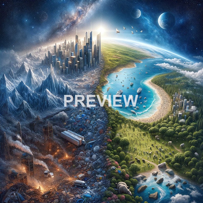 The image depicts a surreal, divided landscape with a futuristic city and snowy mountains on the left side transitioning into a lush, green coastal area with beaches, boats, and wildlife on the right side, under a starry sky with planets and a galaxy overhead.